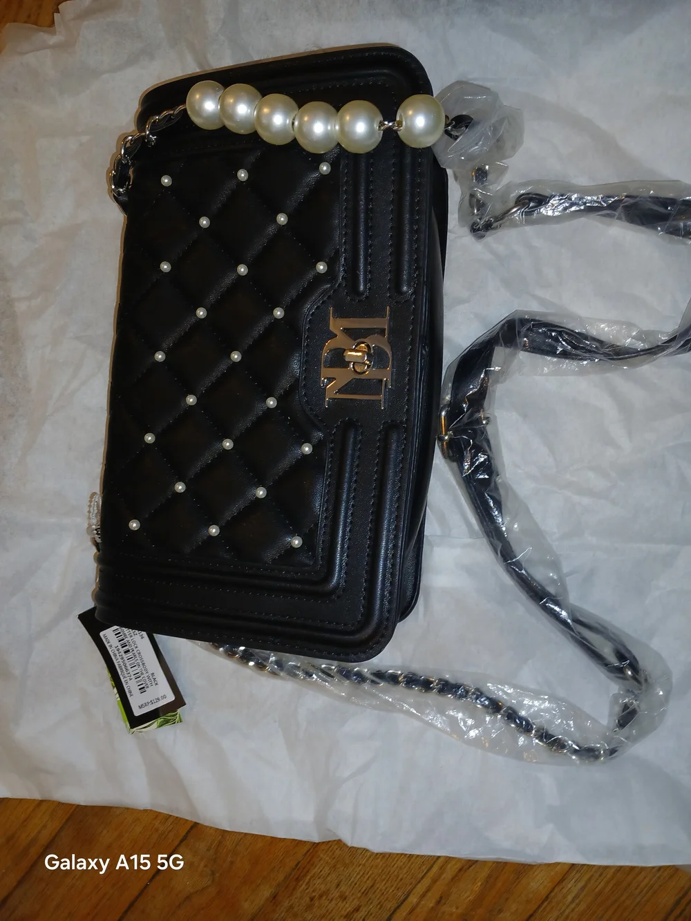 Badgley Mischka Black Quilted Crossbody w/ Pearl Handle Made With Vegan Leather
